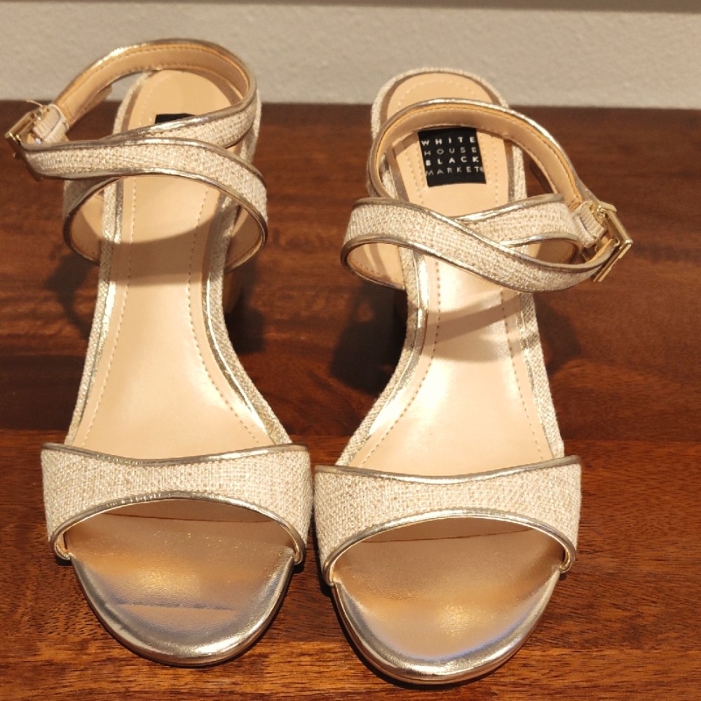 White House Black Market Metallic Cream Ankle-Strap Sandals